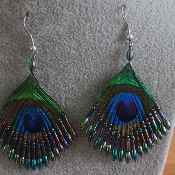 Peacock Feather Earrings - Picture 3 of 3